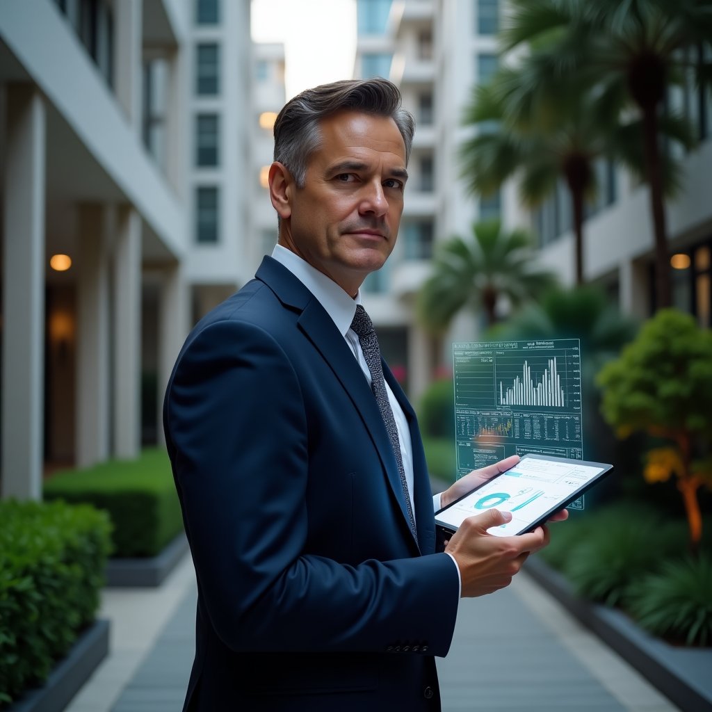 (Ultra-realistic condominium manager in a tailored navy suit, set in a modern luxury condominium environment with high-rise buildings and lush green landscaping, holding a tablet displaying digital financial reports and holographic charts, confident and focused expression, cinematic lighting, shallow depth of field, highly detailed textures, realistic skin, photographic realism, 8k resolution --ar 1:1 --v 6)