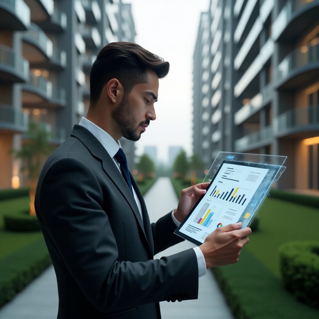 Ultra-realistic condominium manager in a dark gray executive suit, set in a modern luxury condominium environment with high-rise buildings and manicured green landscaping, medium close-up of a professional thoughtfully holding and analyzing a floating holographic financial report with colorful charts and icons representing transparency, serious and focused expression, cinematic lighting, shallow depth of field, highly detailed textures, realistic skin, photographic realism, 8k resolution --ar 1:1 --v 6