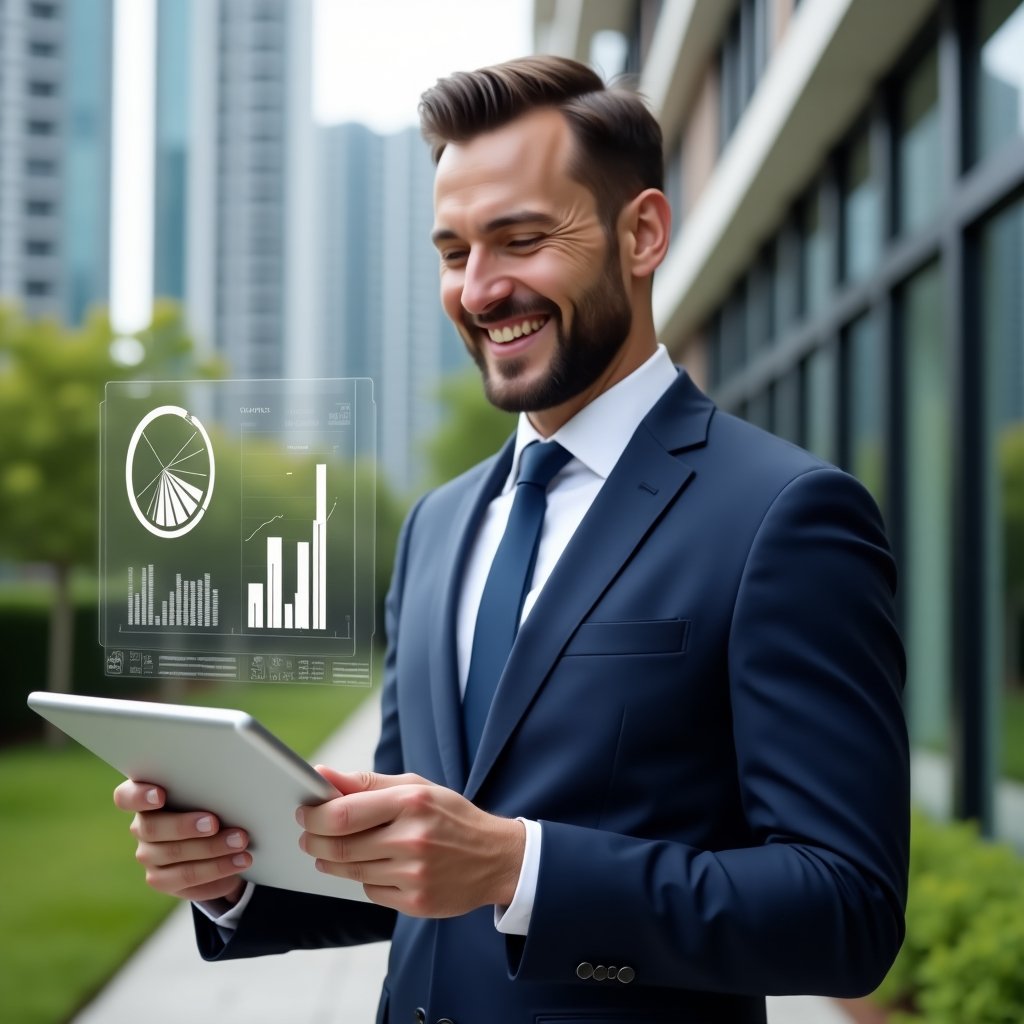 (Ultra-realistic condominium manager in a tailored navy blue suit, set in a modern luxury condominium environment with high-rise buildings and manicured green landscaping, holding a tablet displaying transparent holographic financial charts, confidently smiling while analyzing data, floating pie chart and bar graph icons symbolizing clear accounting, cinematic lighting, shallow depth of field, highly detailed textures, realistic skin, photographic realism, 8k resolution --ar 1:1 --v 6)