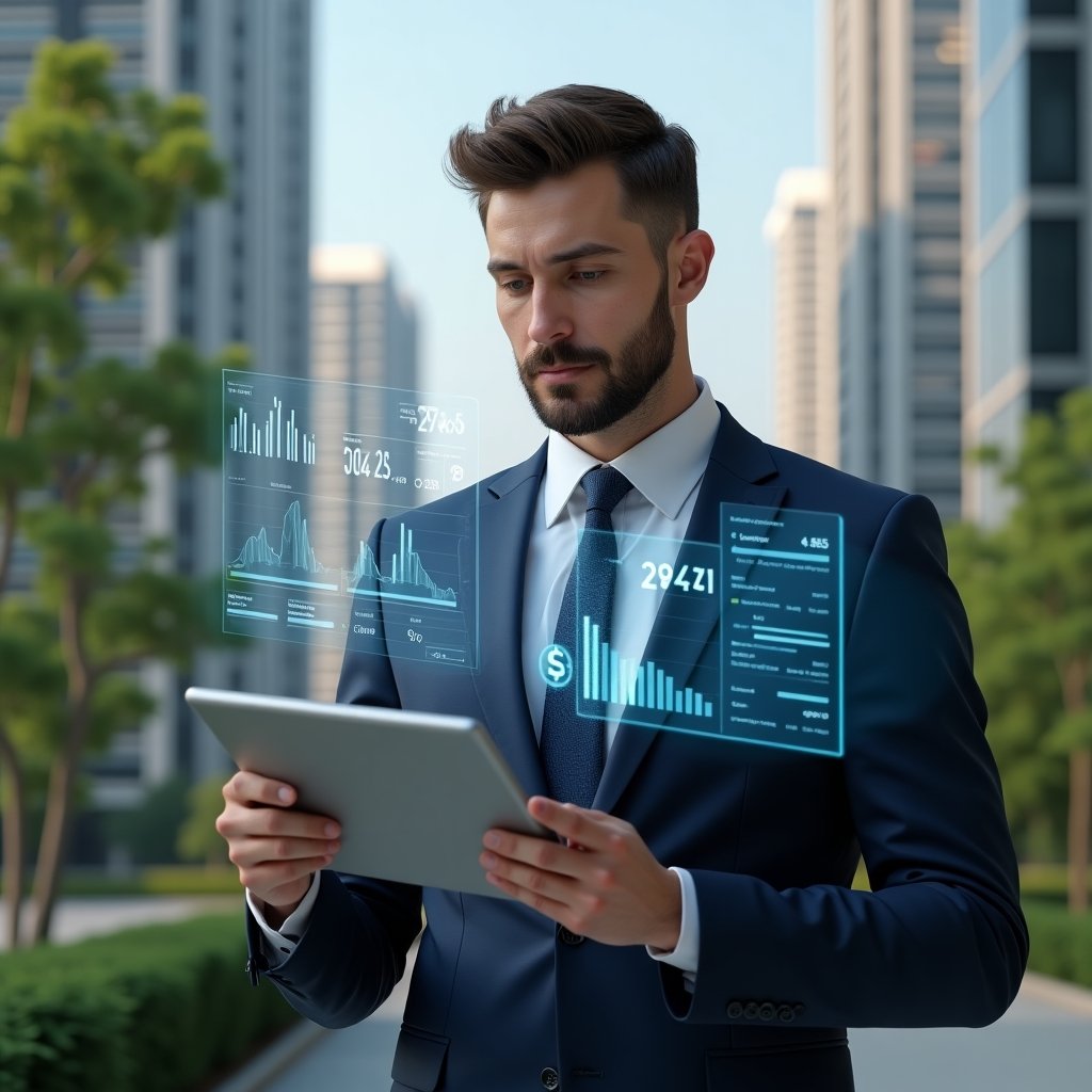 Ultra-realistic condominium manager in a navy blue tailored suit, set in a modern luxury condominium environment with high-rise buildings and lush green landscaping, confidently analyzing floating transparent holographic accounting charts and digital financial reports, holding a sleek tablet displaying clear expense graphs, cinematic lighting, shallow depth of field, highly detailed textures, realistic skin, photographic realism, 8k resolution --ar 1:1 --v 6