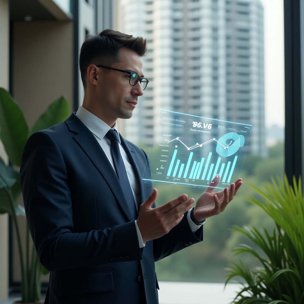 Ultra-realistic condominium manager in a dark navy suit, medium shot, set in a modern luxury condominium environment with high-rise buildings and lush green landscaping, analyzing a floating holographic financial report with transparent charts and trust icons, confident and thoughtful expression, cinematic lighting, shallow depth of field, highly detailed textures, realistic skin, photographic realism, 8k resolution --ar 1:1 --v 6