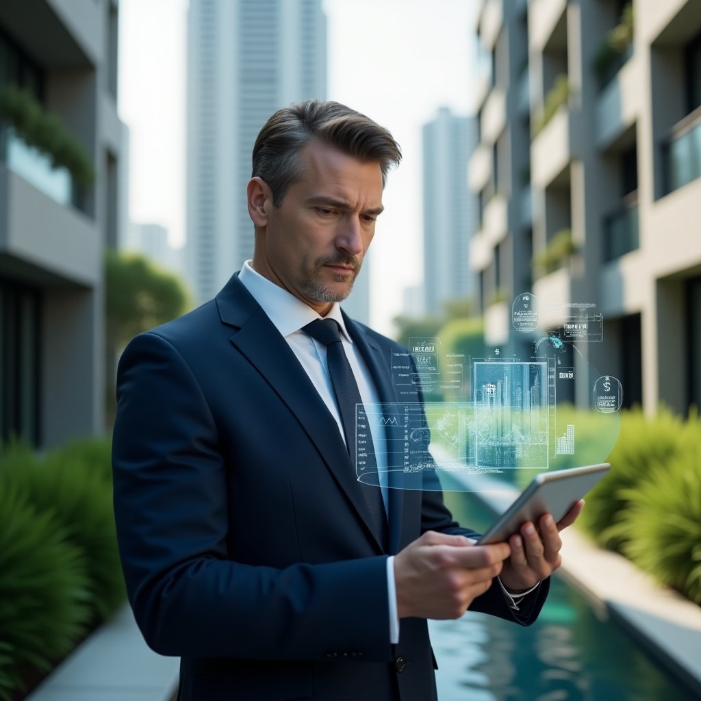 Ultra-realistic condominium manager in a navy tailored suit, set in a modern luxury condominium environment with high-rise buildings and lush green landscaping, holding a transparent tablet displaying holographic financial charts, confident and focused expression, holographic icons of graphs and receipts hovering around, cinematic lighting, shallow depth of field, highly detailed textures, realistic skin, photographic realism, 8k resolution --ar 1:1 --v 6