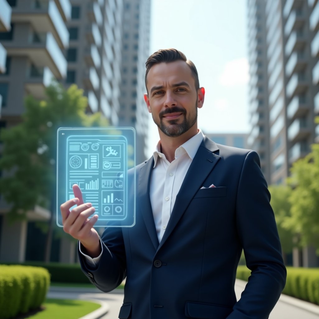 Ultra-realistic property manager in a navy blue suit, set in a modern luxury condominium environment with high-rise buildings and lush green landscaping, medium close-up of a confident building manager holding a transparent holographic financial report tablet, pointing to clear accounting charts floating in the air, cinematic lighting, shallow depth of field, highly detailed textures, realistic skin, photographic realism, 8k resolution --ar 1:1 --v 6