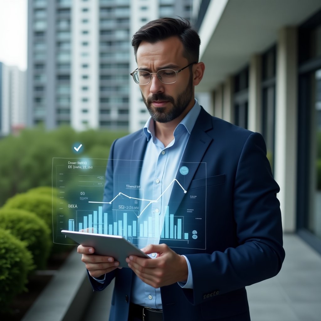 Ultra-realistic condominium manager in a navy blue suit, set in a modern luxury condominium environment with high-rise buildings and well-kept greenery, mid shot focusing on the professional confidently reviewing a holographic digital financial report projected above a tablet, floating graphs and check-mark icons symbolizing transparent accounting and harmony, cinematic lighting, shallow depth of field, highly detailed textures, realistic skin, photographic realism, 8k resolution --ar 1:1 --v 6