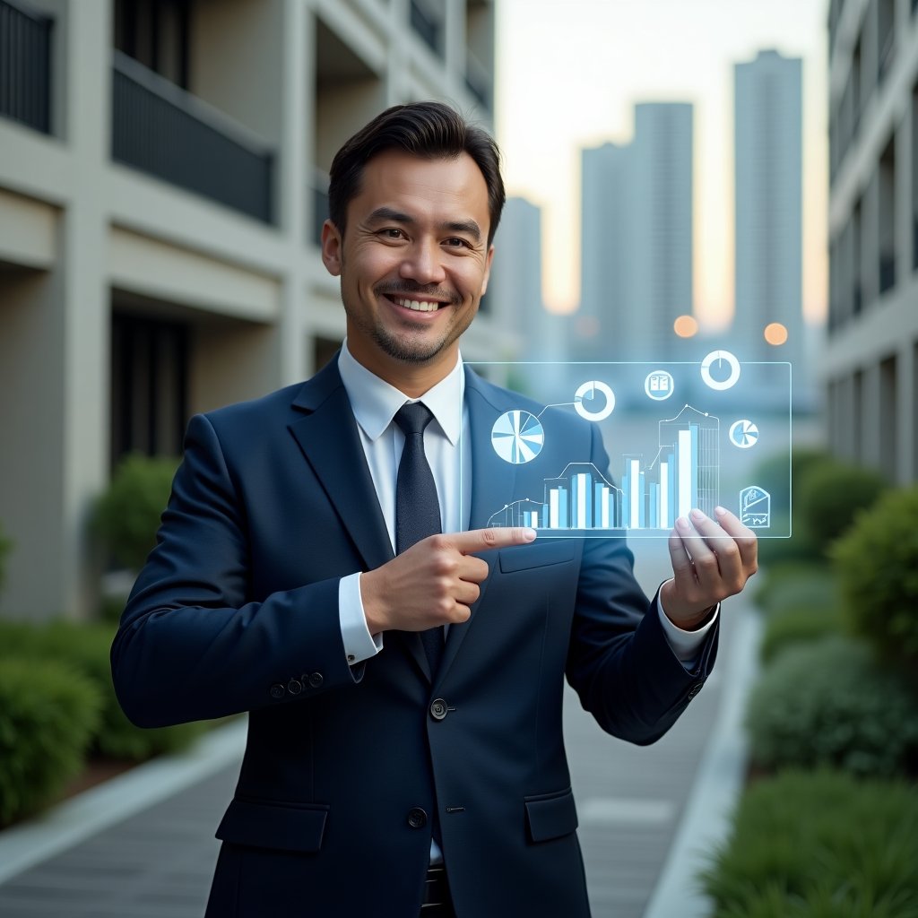 Ultra-realistic condominium manager in a tailored navy suit, set in a modern luxury condominium environment with high-rise buildings and lush green landscaping, holding a transparent holographic financial report displaying clear pie charts and bar graphs, confidently pointing at the data with a warm, trust-inspiring smile, floating icons of transparent ledgers and graph symbols around, cinematic lighting, shallow depth of field, highly detailed textures, realistic skin, photographic realism, 8k resolution --ar 1:1 --v 6