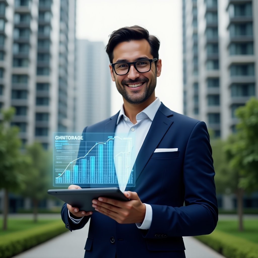 (Ultra-realistic condominium manager in a navy blue suit, set in a modern luxury condominium environment with high-rise buildings and green landscaping, holding a tablet displaying transparent financial reports as holographic charts floating above the screen, confident and approachable expression, cinematic lighting, shallow depth of field, highly detailed textures, realistic skin, photographic realism, 8k resolution --ar 1:1 --v 6)
