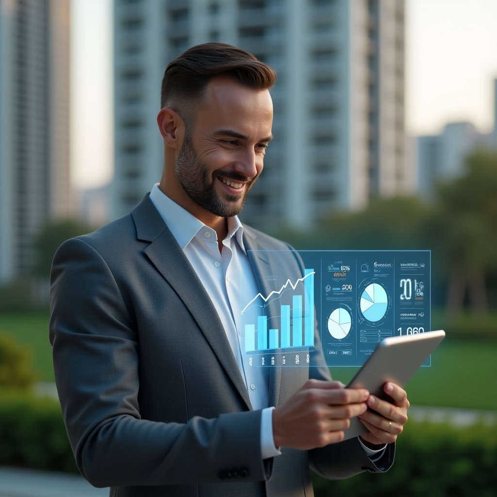 Ultra-realistic condominium manager in a gray business suit, set in a modern luxury condominium environment with high-rise buildings and well-manicured green landscaping, medium shot of the manager holding a tablet displaying a transparent holographic financial dashboard with glowing bar charts and pie graphs, confidently analyzing data with a thoughtful smile, cinematic lighting, shallow depth of field, highly detailed textures, realistic skin, photographic realism, 8k resolution --ar 1:1 --v 6