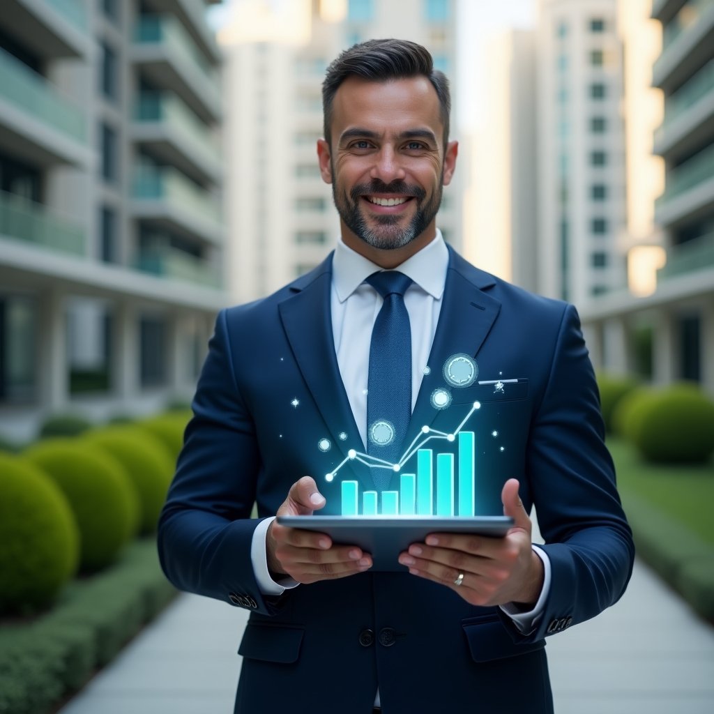 (Ultra-realistic condominium manager in a tailored navy blue business suit, set in a modern luxury condominium environment with high-rise buildings and manicured green landscaping, holding a tablet displaying holographic financial charts and indicators, confident and approachable expression, floating transparent ledger and graph icons symbolizing clear accounting, cinematic lighting, shallow depth of field, highly detailed textures, realistic skin, photographic realism, 8k resolution --ar 1:1 --v 6)