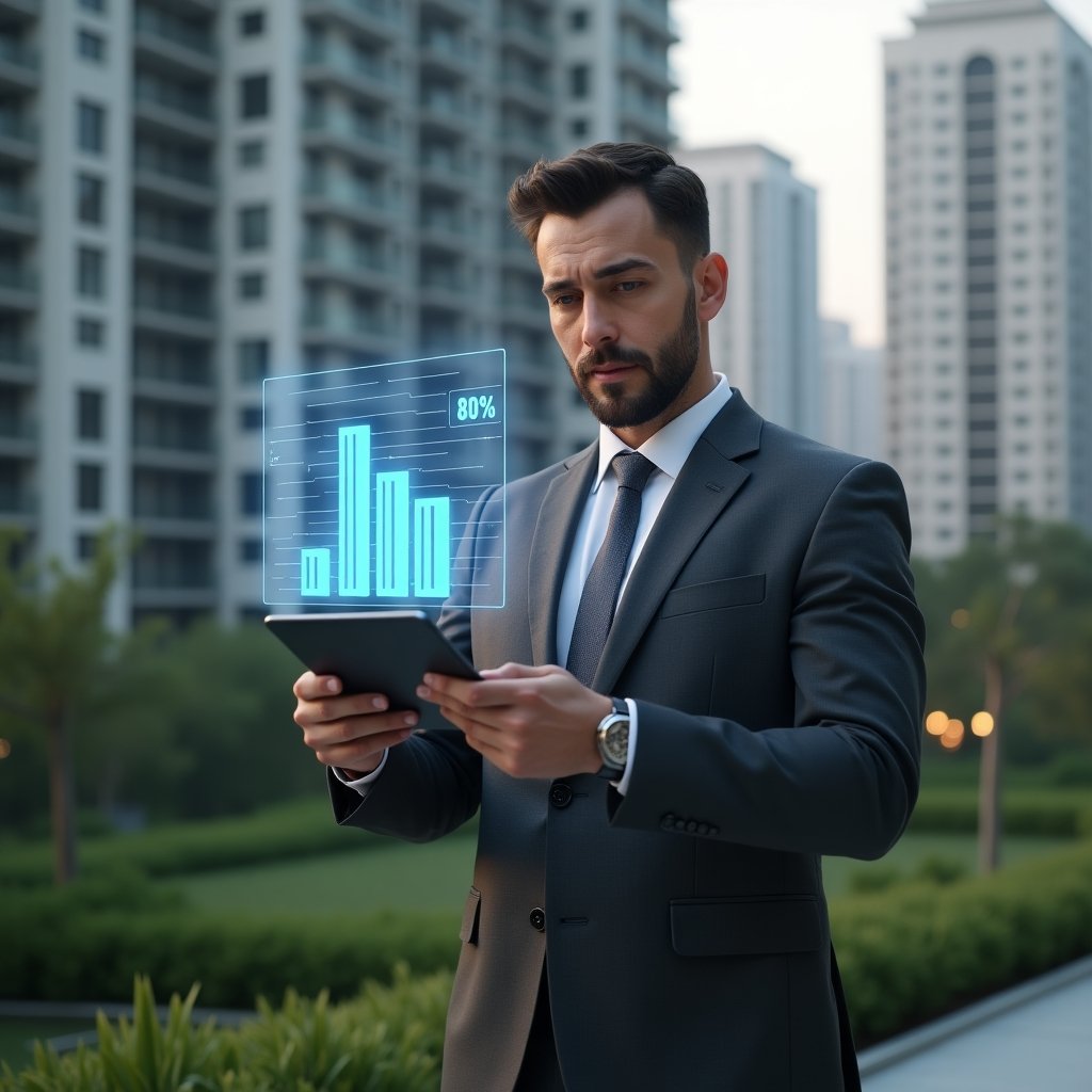 (Ultra-realistic condominium manager in a dark gray tailored suit, set in a modern luxury condominium environment with high-rise buildings and green landscaping, holding a tablet and reviewing a holographic bar graph indicating a 30% cost reduction, confident and focused expression, cinematic lighting, shallow depth of field, highly detailed textures, realistic skin, photographic realism, 8k resolution --ar 1:1 --v 6)