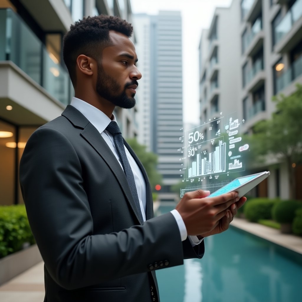 (Ultra-realistic condominium manager in a charcoal gray executive suit, set in a modern luxury condominium environment with high-rise buildings and manicured green landscaping, medium close-up shot, confident and focused expression, holding a tablet projecting a holographic financial dashboard with a 30% cost-reduction bar chart and floating icons of coins and real-estate, cinematic lighting, shallow depth of field, highly detailed textures, realistic skin, photographic realism, 8k resolution --ar 1:1 --v 6)