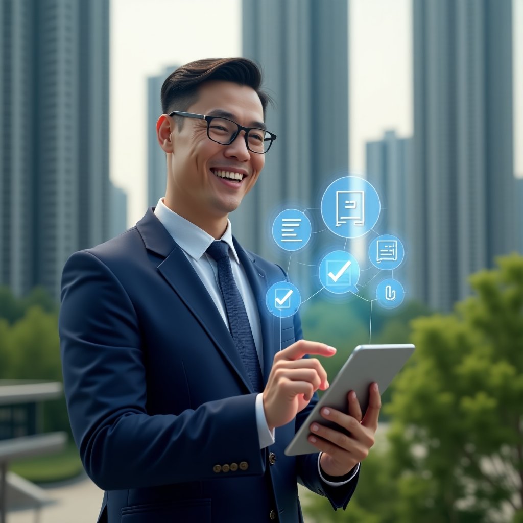 Ultra-realistic condominium manager in a navy blue modern suit, set in a modern luxury condominium environment with high-rise buildings and lush green landscaping, holding a digital tablet projecting holographic chat bubbles, checklist icons and handshake symbols to represent clear rules, dialogue and harmony, smiling confidently while gesturing toward the display, cinematic lighting, shallow depth of field, highly detailed textures, realistic skin, photographic realism, 8k resolution --ar 1:1 --v 6