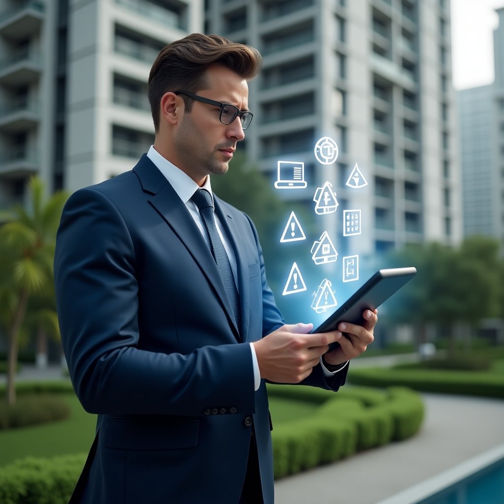 Ultra-realistic condominium manager in a sleek navy blue suit, set in a modern luxury condominium environment with high-rise buildings and lush green landscaping, medium shot holding a tablet displaying a condominium management app dashboard, examining seven floating holographic error icons symbolizing common management mistakes, determined expression, cinematic lighting, shallow depth of field, highly detailed textures, realistic skin, photographic realism, 8k resolution --ar 1:1 --v 6