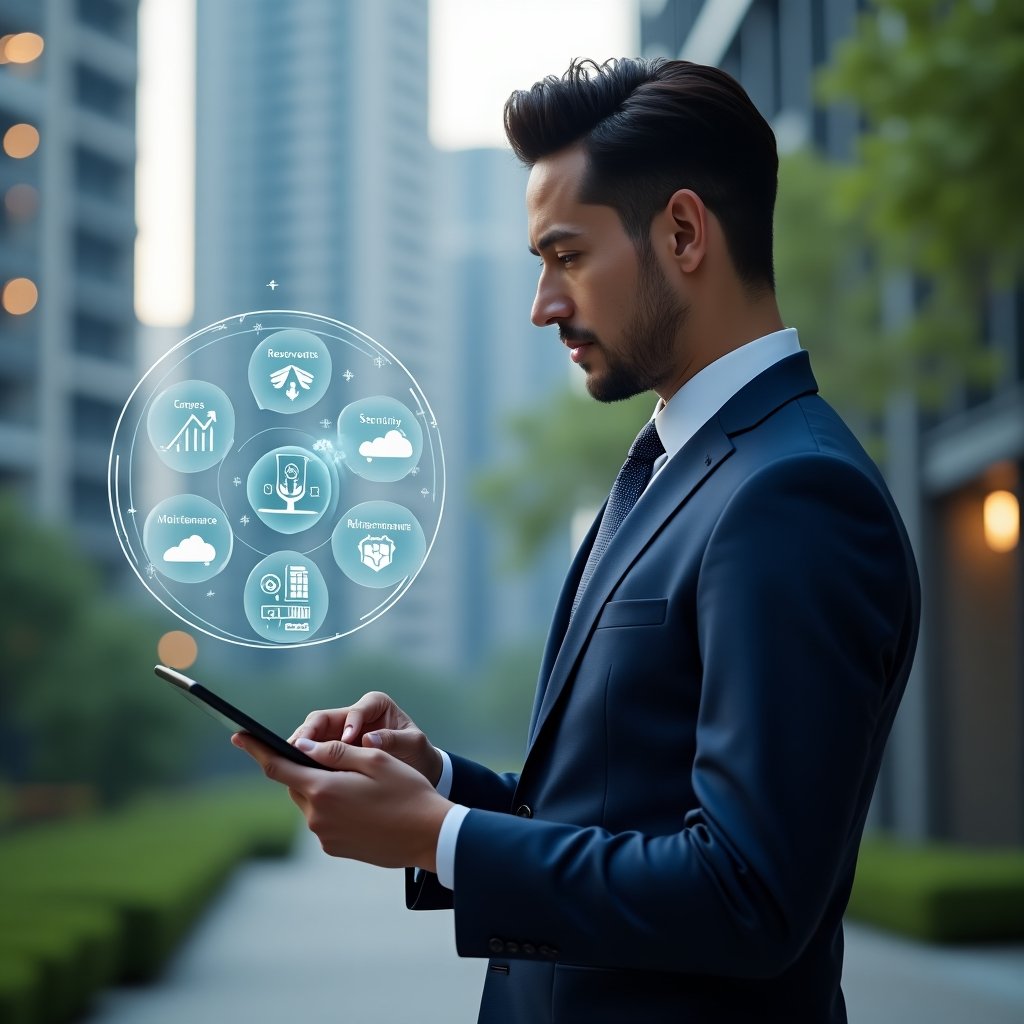 Ultra-realistic condominium manager in a navy-blue suit, set in a modern luxury condominium environment with high-rise buildings and green landscaping, interacting with a floating holographic interface displaying icons for reservations, security cameras, chat bubbles, financial graphs and maintenance tools, holding a tablet, focused and confident expression, cinematic lighting, shallow depth of field, highly detailed textures, realistic skin, photographic realism, 8k resolution --ar 1:1 --v 6