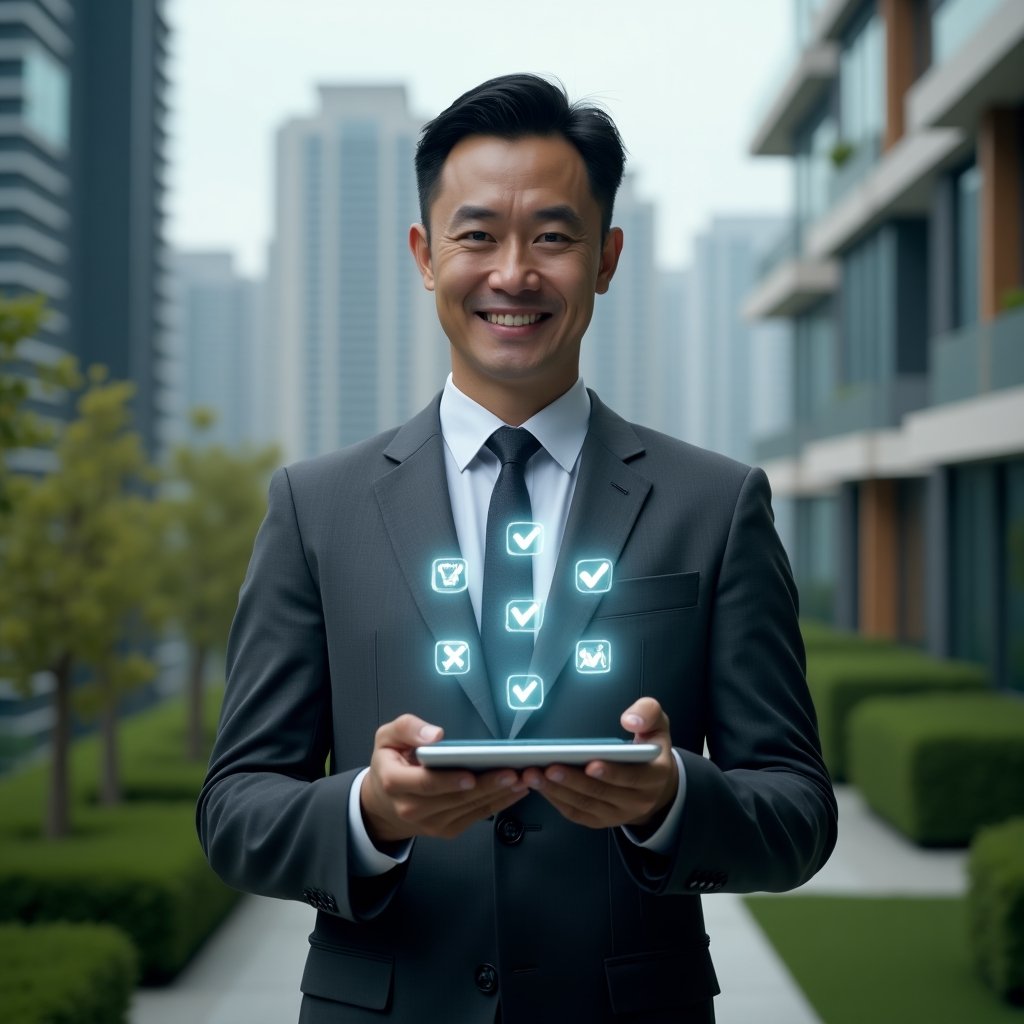 (Ultra-realistic condominium manager in a charcoal tailored suit, set in a modern luxury condominium environment with high-rise buildings and manicured green landscaping, medium close-up shot of a confident manager holding a transparent tablet projecting floating holographic icons representing the seven deadly sins of condo administration alongside glowing checkmarks of solutions, cinematic lighting, shallow depth of field, highly detailed textures, realistic skin, photographic realism, 8k resolution --ar 1:1 --v 6)