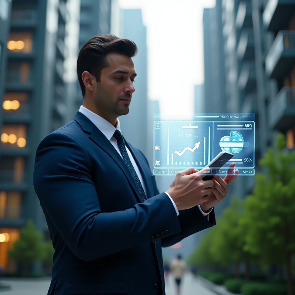 (Ultra-realistic condominium manager in a tailored navy blue suit, set in a modern luxury condominium environment with high-rise buildings and lush green landscaping, mid shot of a confident professional analyzing a glowing holographic financial dashboard with shield-protected coins and expense bars, cinematic lighting, shallow depth of field, highly detailed textures, realistic skin, photographic realism, 8k resolution --ar 1:1 --v 6)