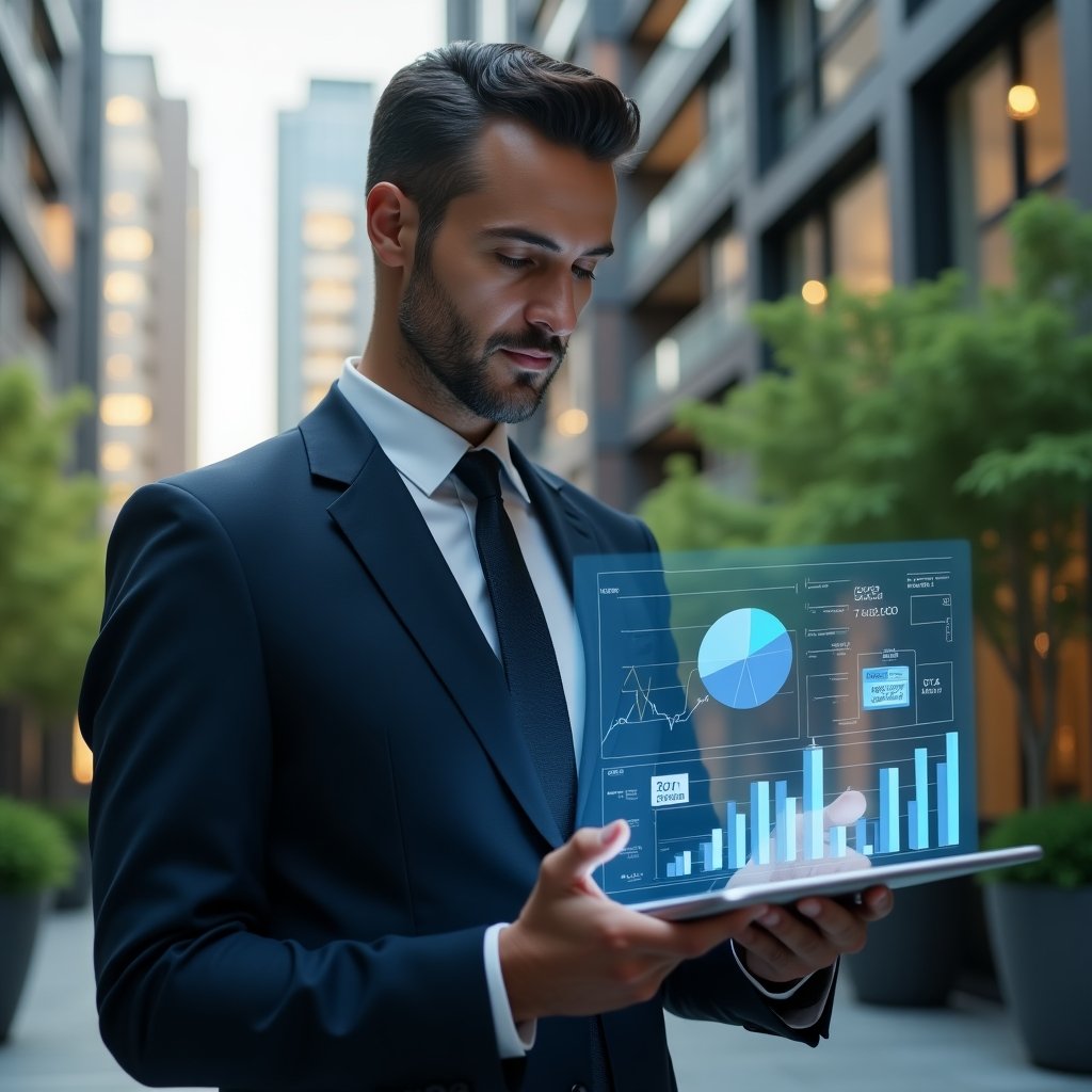 (Ultra-realistic condominium manager in a tailored navy blue suit, set in a modern luxury condominium environment with high-rise buildings and lush green landscaping, medium shot of a confident manager analyzing a holographic financial dashboard on a sleek tablet, floating pie charts and calculator icons symbolizing cost reduction, cinematic lighting, shallow depth of field, highly detailed textures, realistic skin, photographic realism, 8k resolution --ar 1:1 --v 6)
