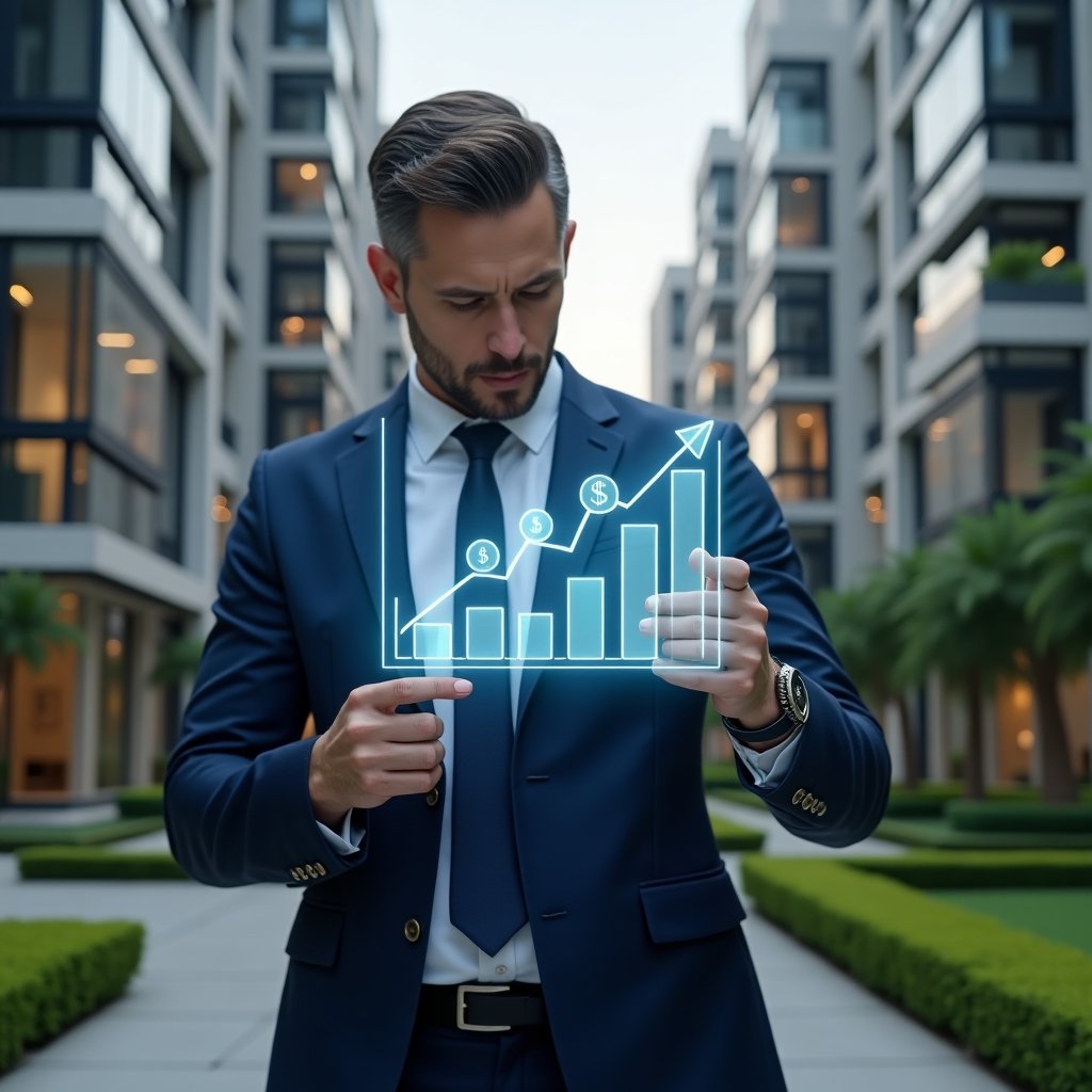 (Ultra-realistic property manager in a navy blue tailored suit, set in a modern luxury condominium environment with high-rise glass buildings and manicured green landscaping, analyzing a floating holographic 3D cost-reduction graph with money-saving icons and downward percentage arrows, confident and focused expression, cinematic lighting, shallow depth of field, highly detailed textures, realistic skin, photographic realism, 8k resolution --ar 1:1 --v 6)