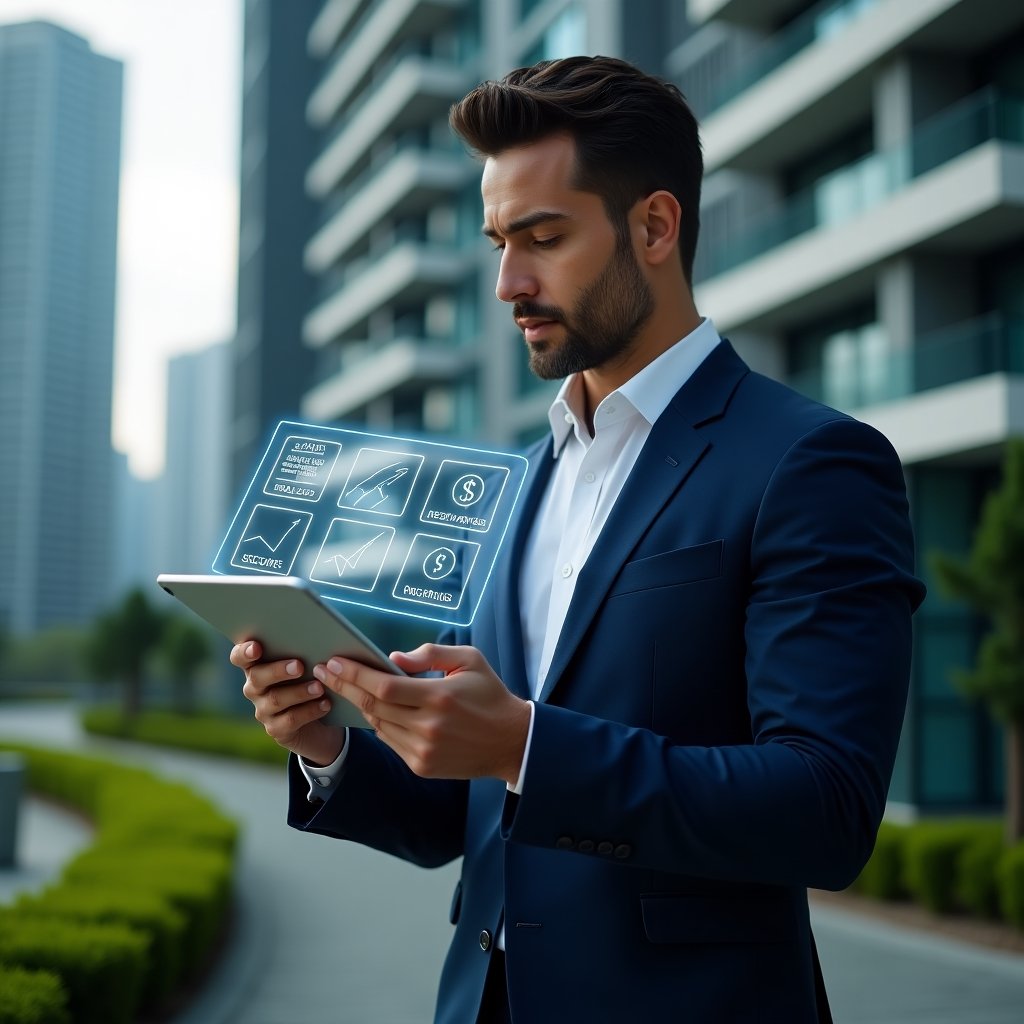 (Ultra-realistic condominium manager in a navy blue tailored suit with a crisp white shirt, set in a modern luxury condominium environment with high-rise buildings and manicured green landscaping, holding a tablet projecting a holographic dashboard with icons for scheduling, messaging, finance reports, reservations and security alerts, analyzing the floating interface with a thoughtful and confident expression, cinematic lighting, shallow depth of field, highly detailed textures, realistic skin, photographic realism, 8k resolution --ar 1:1 --v 6)
