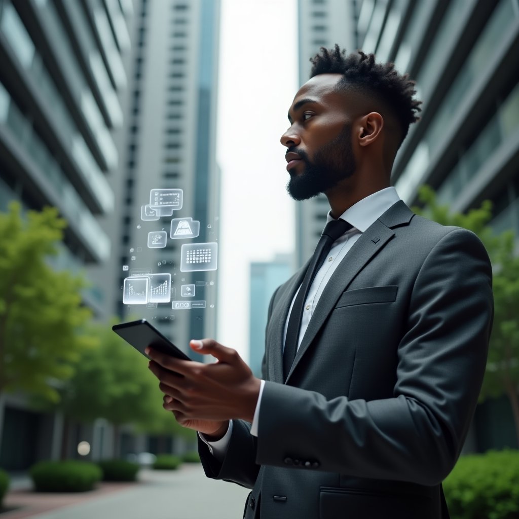 (Ultra-realistic condominium manager in a charcoal gray suit, set in a modern luxury condominium environment with high-rise buildings and manicured green landscaping, holding a tablet displaying holographic notification and calendar icons, interacting thoughtfully with floating digital interface elements that symbolize communication and task scheduling, cinematic lighting, shallow depth of field, highly detailed textures, realistic skin, photographic realism, 8k resolution --ar 1:1 --v 6)