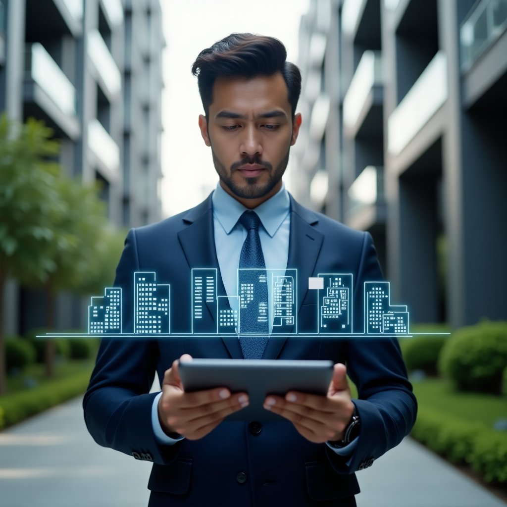 (Ultra-realistic condominium manager in a dark blue tailored suit, set in a modern luxury condominium environment with high-rise buildings and manicured green landscaping, holding a tablet and interacting with a floating holographic interface displaying apartment icons and management charts, confident and focused expression, cinematic lighting, shallow depth of field, highly detailed textures, realistic skin, photographic realism, 8k resolution --ar 1:1 --v 6)