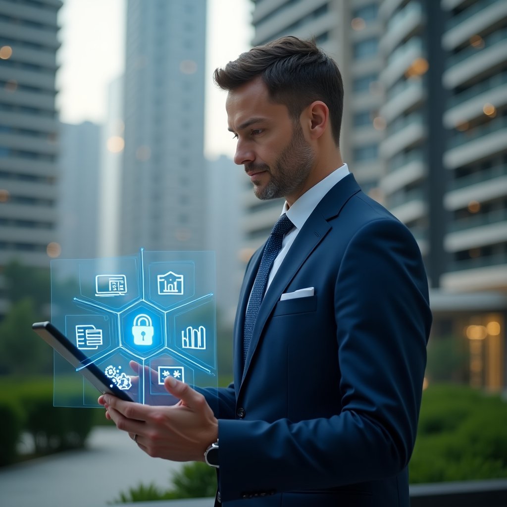 (Ultra-realistic condominium manager in a navy blue suit, set in a modern luxury condominium environment with high-rise buildings and green landscaping, examining a holographic management dashboard displaying icons for communication, finance and security, confident and thoughtful expression, cinematic lighting, shallow depth of field, highly detailed textures, realistic skin, photographic realism, 8k resolution --ar 1:1 --v 6)