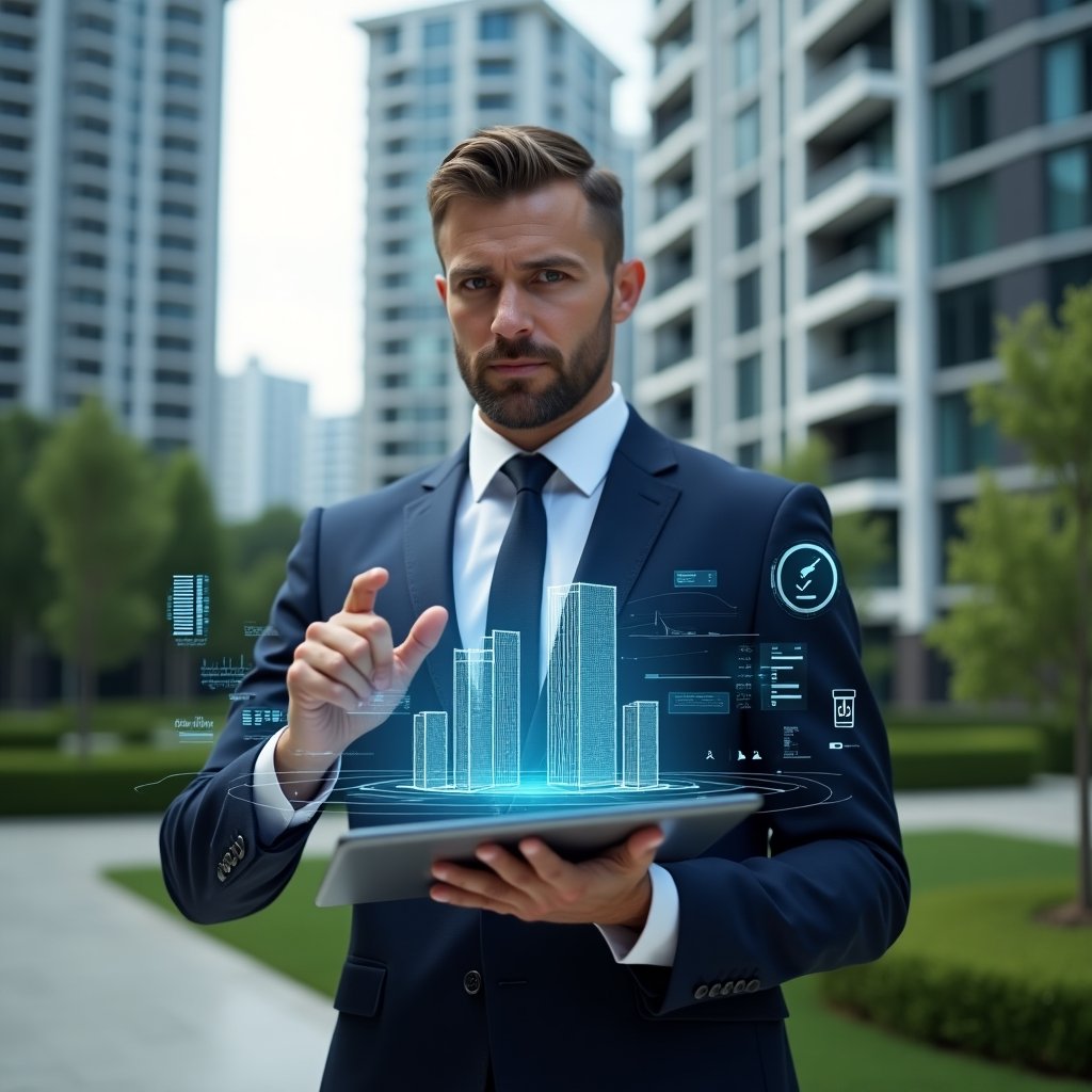 (Ultra-realistic condominium manager in a navy executive suit, set in a modern luxury condominium environment with high-rise buildings and manicured green landscaping, holding a transparent tablet displaying holographic management dashboards and analyzing interactive charts, floating icons of a building, checklist and app interface hovering around, confident and thoughtful expression, cinematic lighting, shallow depth of field, highly detailed textures, realistic skin, photographic realism, 8k resolution --ar 1:1 --v 6)