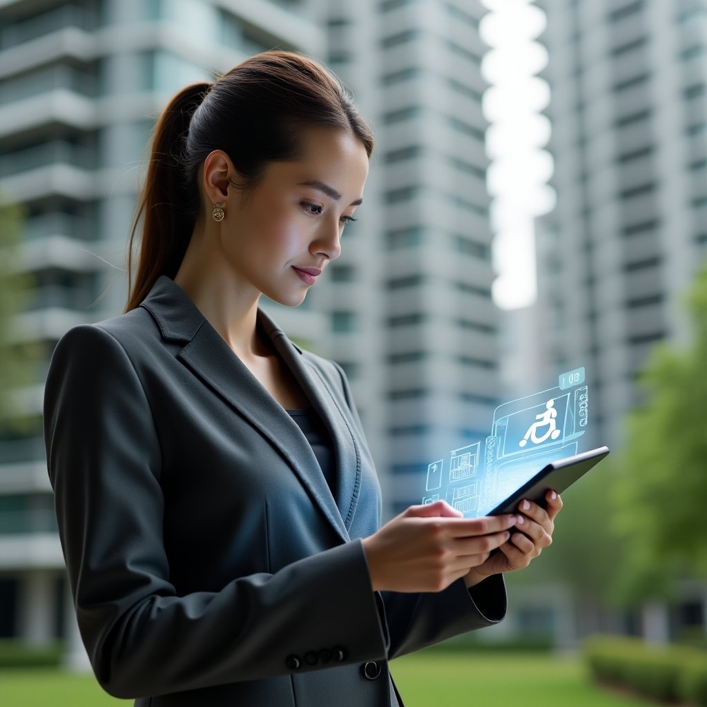 Ultra-realistic condominium manager in a charcoal grey suit, set in a modern luxury condominium environment with high-rise buildings and lush green landscaping, reviewing accessibility design plans on a digital tablet with a holographic wheelchair icon and Braille signage floating beside her, confident and thoughtful expression, photographic realism, cinematic lighting, shallow depth of field, highly detailed textures, realistic skin, 8k resolution --ar 1:1 --v 6