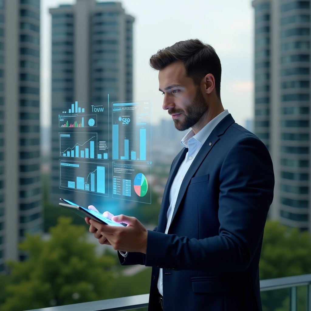 (Ultra-realistic condo manager in a navy blue suit, set in a modern luxury condominium environment with high-rise buildings and green landscaping, medium shot of a confident professional reviewing transparent financial reports on a holographic tablet, floating bar charts and pie graphs symbolizing trust and clarity, cinematic lighting, shallow depth of field, highly detailed textures, realistic skin, photographic realism, 8k resolution --ar 1:1 --v 6)