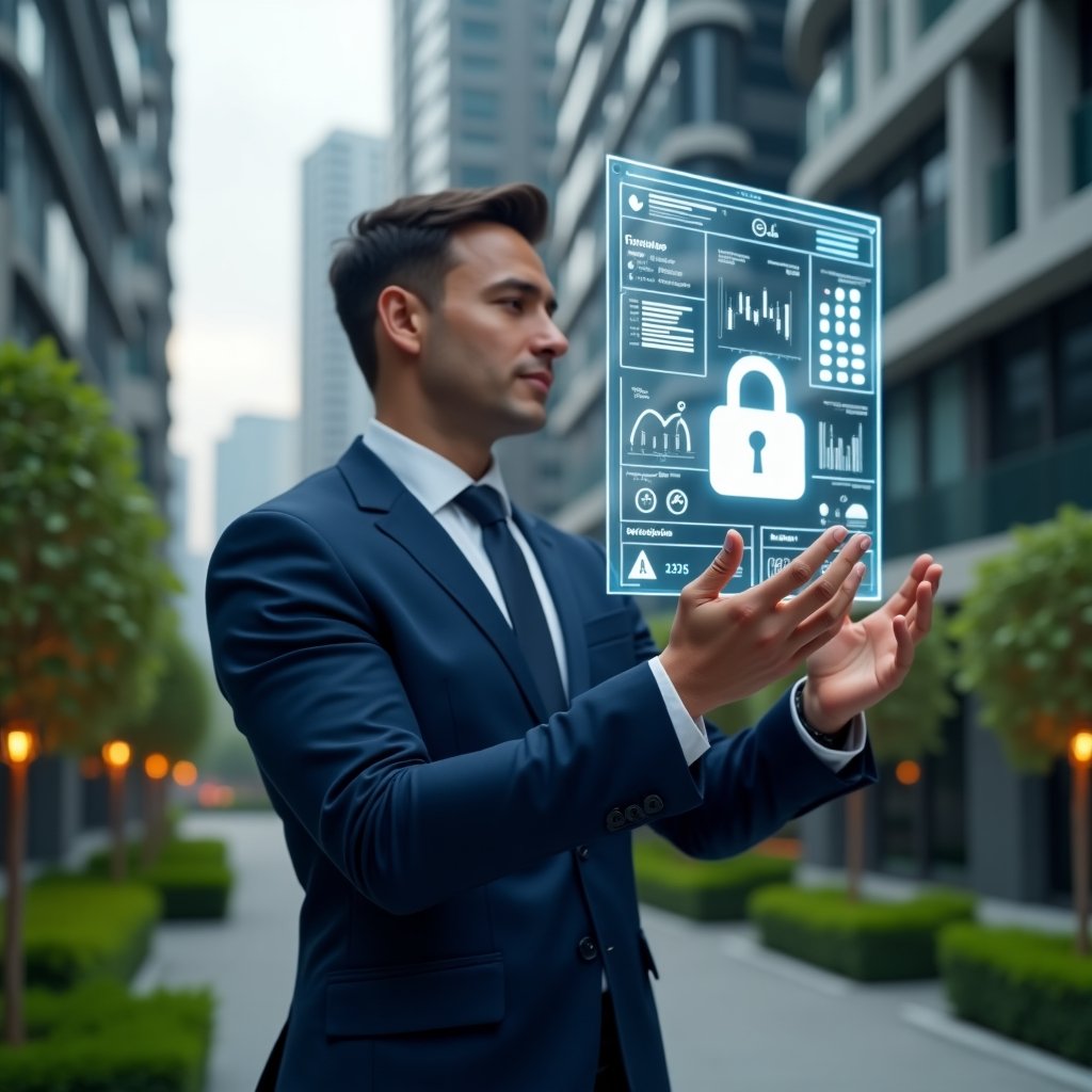 Ultra-realistic condominium manager in a navy blue suit, set in a modern luxury condominium environment with high-rise buildings and lush green landscaping, confidently reviewing a floating transparent financial dashboard hologram, with glowing icons of charts and a padlock symbolizing trust and transparency, cinematic lighting, shallow depth of field, highly detailed textures, realistic skin, photographic realism, 8k resolution --ar 1:1 --v 6