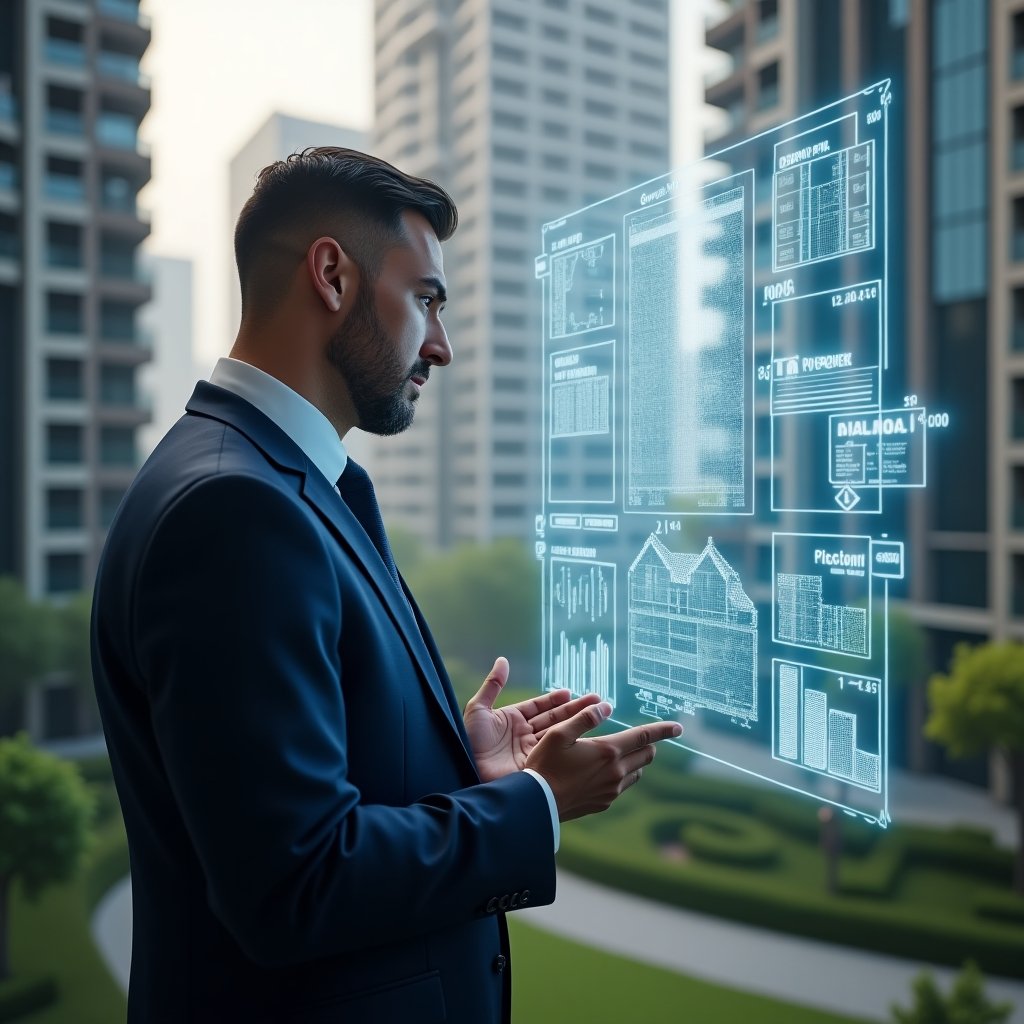 (Ultra-realistic condominium manager in a tailored navy blue suit, set in a modern luxury condominium environment with high-rise buildings and immaculate green landscaping, examining a holographic projection of building floor plans and percentage charts illustrating ideal fraction calculations, conveying thoughtful confidence, cinematic lighting, shallow depth of field, highly detailed textures, realistic skin, photographic realism, 8k resolution --ar 1:1 --v 6)