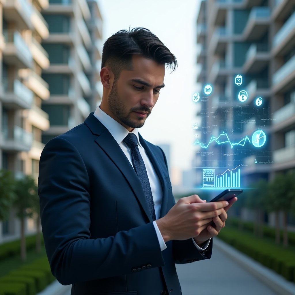 Ultra-realistic condo manager in a navy blue suit, set in a modern luxury condominium environment with high-rise buildings and green landscaping, holding a smartphone with floating holographic app icons and graphs around, confidently analyzing data, futuristic holographic interface displaying financial reports and cost reduction symbols, cinematic lighting, shallow depth of field, highly detailed textures, realistic skin, photographic realism, 8k resolution --ar 1:1 --v 6