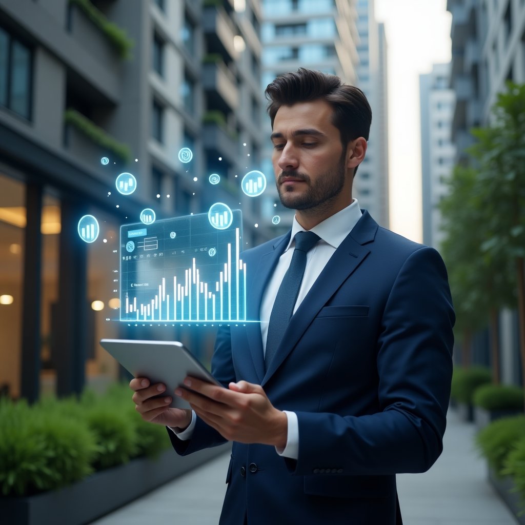 (Ultra-realistic condominium manager in a navy suit, set in a modern luxury condominium environment with high-rise buildings and green landscaping, reviewing a floating holographic financial graph with a tablet in hand, holographic icons of coins and charts around, confident and focused expression, cinematic lighting, shallow depth of field, highly detailed textures, realistic skin, photographic realism, 8k resolution --ar 1:1 --v 6)
