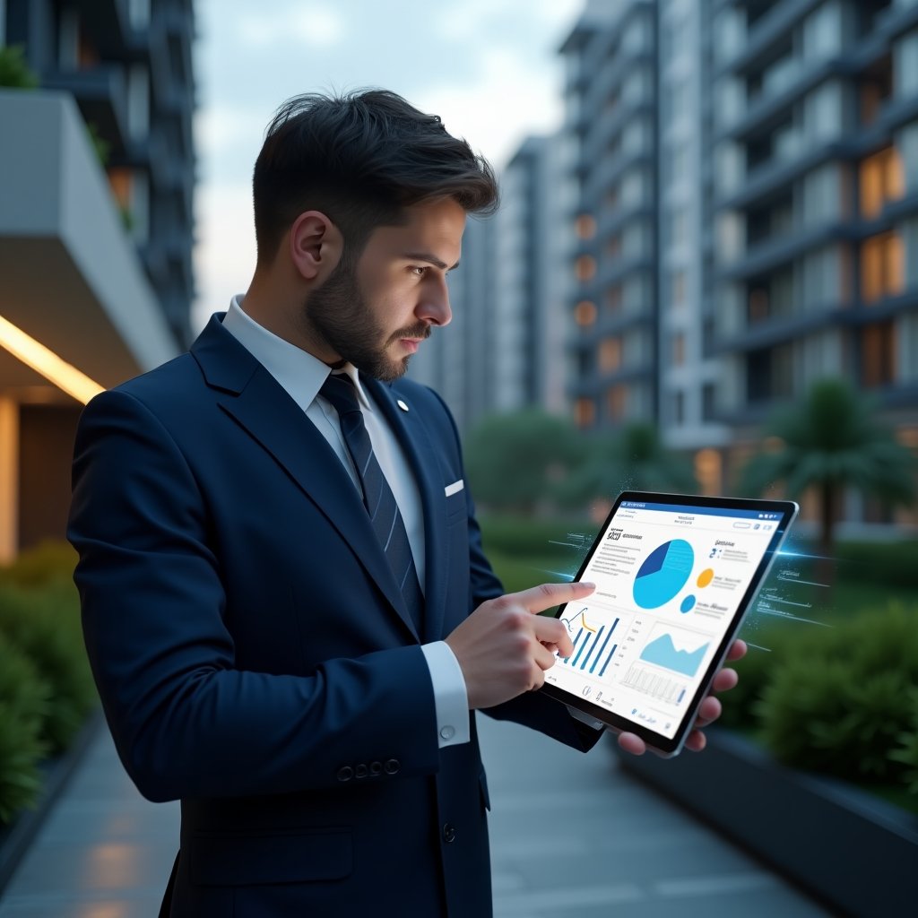(Ultra-realistic condominium manager in a navy blue business suit, set in a modern luxury condominium environment with high-rise buildings and green landscaping, reviewing a holographic cost dashboard on a tablet while pointing at a 3D blueprint with dollar-saving icons, confident and focused expression, cinematic lighting, shallow depth of field, highly detailed textures, realistic skin, photographic realism, 8k resolution --ar 1:1 --v 6)