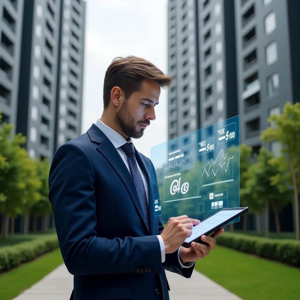 (Ultra-realistic professional condominium manager in a navy executive suit, set in a modern luxury condominium environment with high-rise buildings and manicured green landscaping, holding a digital tablet and examining holographic warning icons and financial charts symbolizing common management errors, thoughtful and confident expression, cinematic lighting, shallow depth of field, highly detailed textures, realistic skin, photographic realism, 8k resolution --ar 1:1 --v 6)