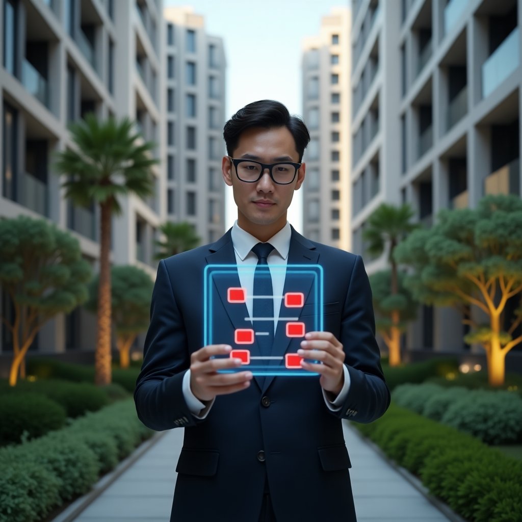 (Ultra-realistic condominium manager in a tailored navy suit, set in a modern luxury condominium environment with high-rise buildings and meticulously landscaped greenery, examining a floating holographic checklist with red error icons, confident and focused expression, cinematic lighting, shallow depth of field, highly detailed textures, realistic skin, photographic realism, 8k resolution --ar 1:1 --v 6)