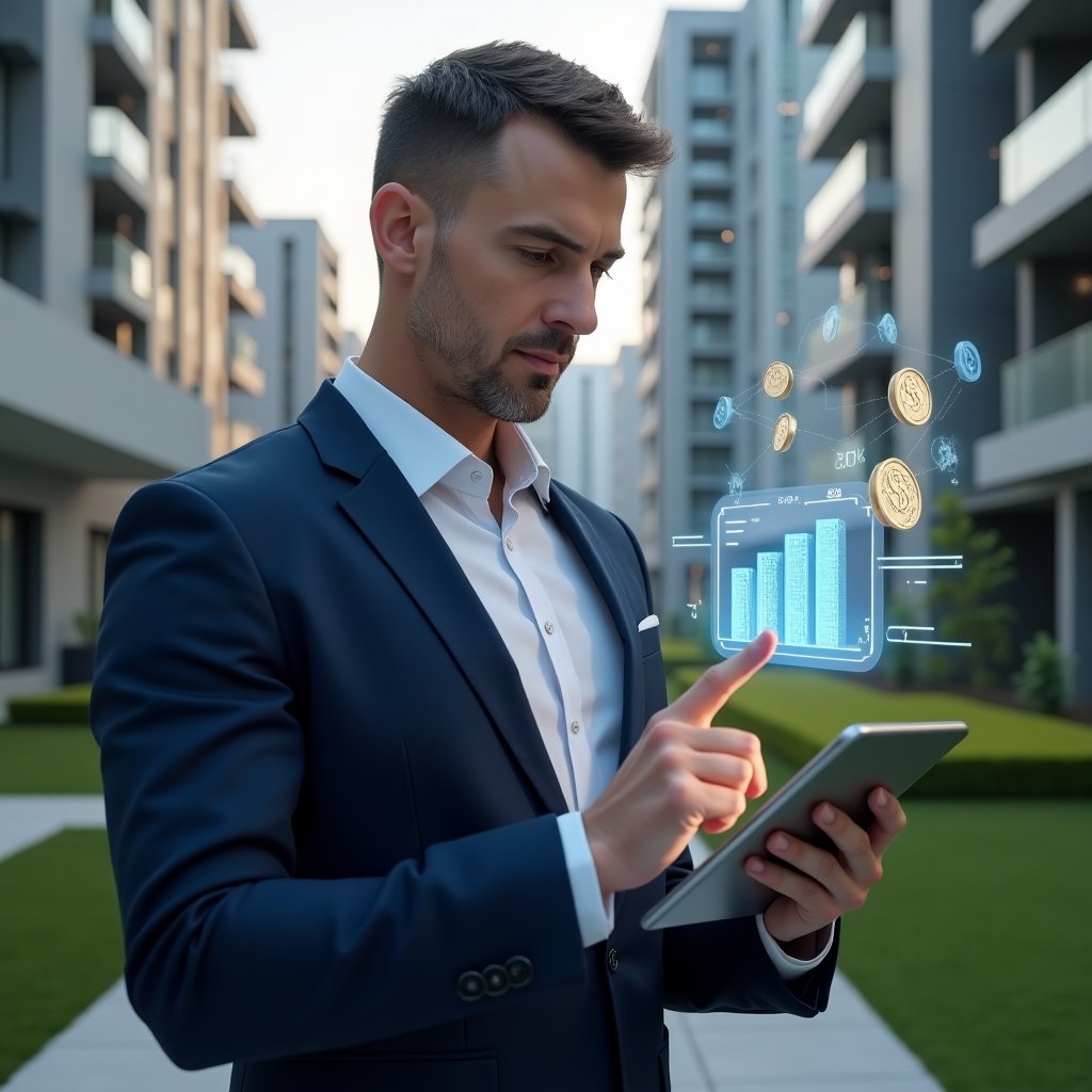 (Ultra-realistic condominium manager in a navy blue suit, set in a modern luxury condominium environment with high-rise buildings and green landscaping, holding a tablet displaying holographic budget charts and pointing at a floating cost-saving infographic, holographic icons of coins and graphs orbiting around, confident and focused expression, cinematic lighting, shallow depth of field, highly detailed textures, realistic skin, photographic realism, 8k resolution --ar 1:1 --v 6)