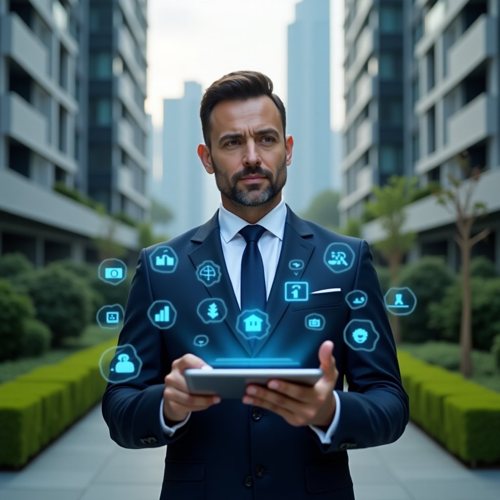Ultra-realistic condominium manager in a dark blue executive suit, set in a modern luxury condominium environment with high-rise buildings and manicured green landscaping, mid shot of a confident professional holding a sleek tablet displaying holographic icons for finance, access control, maintenance and communication, futuristic UI elements floating around, cinematic lighting, shallow depth of field, highly detailed textures, realistic skin, photographic realism, 8k resolution --ar 1:1 --v 6
