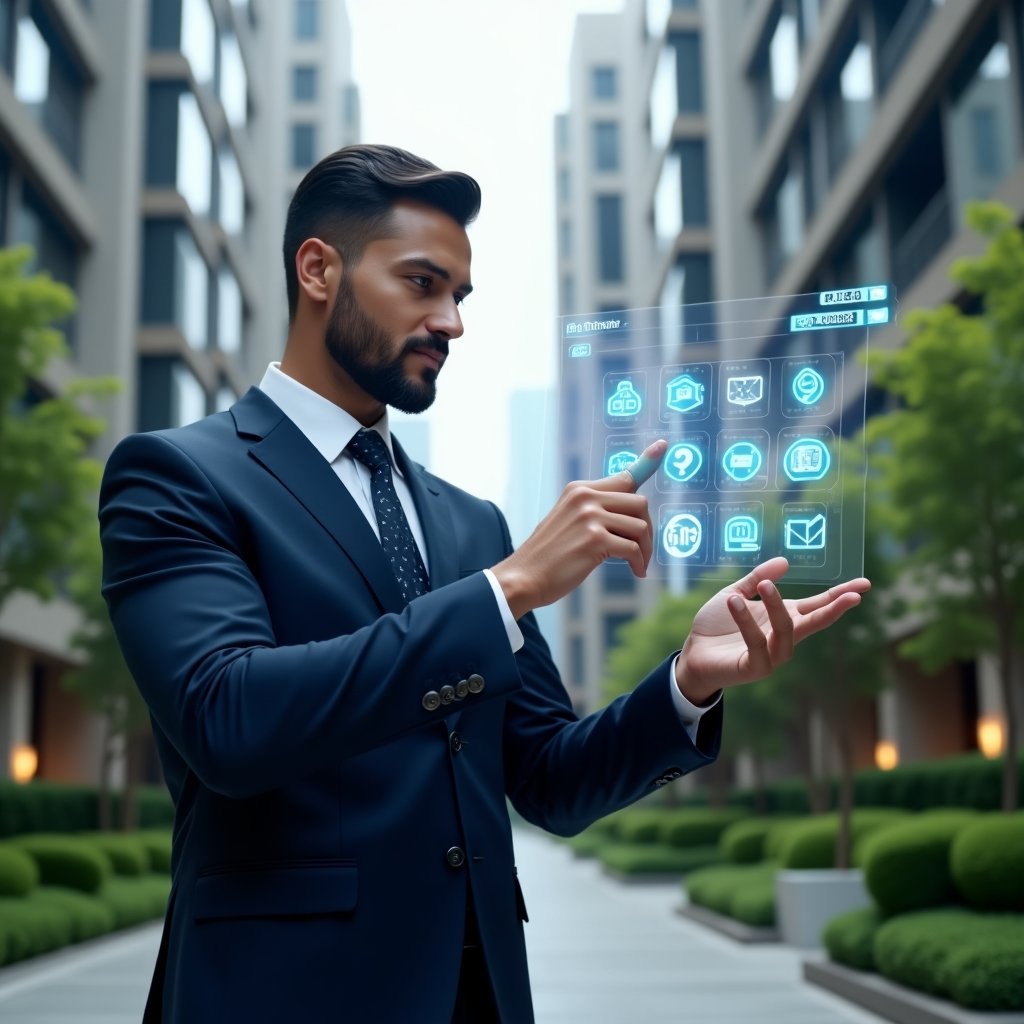 (Ultra-realistic property manager in a dark blue executive suit, set in a modern luxury condominium environment with high-rise buildings and manicured green landscaping, medium shot of a confident professional tapping and analyzing a floating holographic dashboard displaying icons for tasks, chat, finance and maintenance, futuristic UI elements glowing around the figure, cinematic lighting, shallow depth of field, highly detailed textures, realistic skin, photographic realism, 8k resolution --ar 1:1 --v 6)