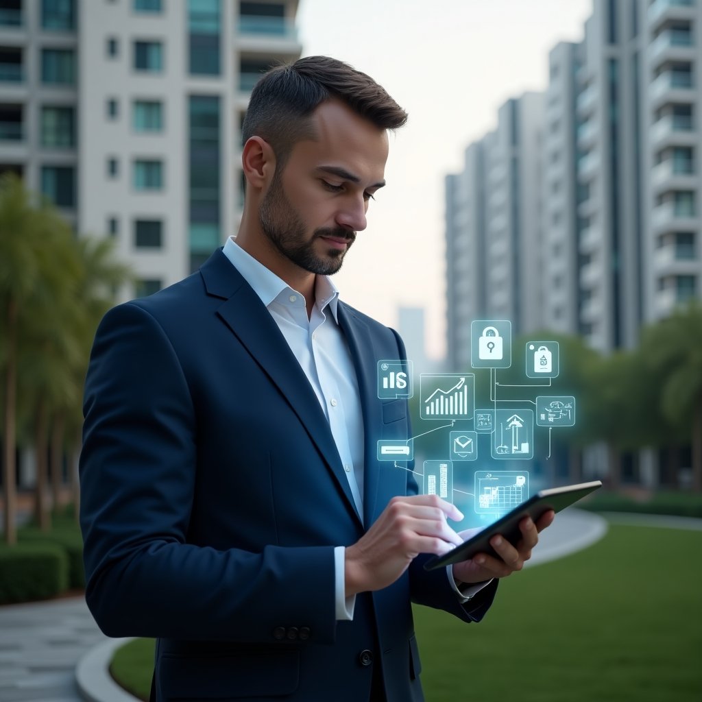 Ultra-realistic condominium manager in a navy executive suit, set in a modern luxury condominium environment with high-rise buildings and manicured gardens, holding a tablet displaying holographic icons of financial charts, chat bubbles, calendar and security symbols, confident and focused expression, cinematic lighting, shallow depth of field, highly detailed textures, realistic skin, photographic realism, 8k resolution --ar 1:1 --v 6