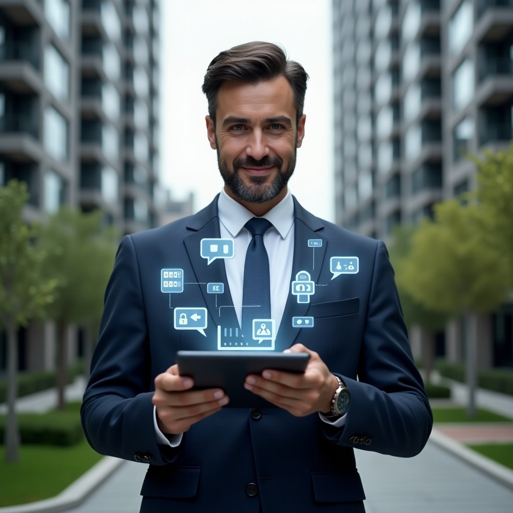 (Ultra-realistic professional condominium manager in a navy blue suit, set in a modern luxury condominium environment with high-rise buildings and manicured greenery, holding a tablet displaying floating holographic icons of financial charts, message bubbles, calendar, space reservation, security lock, and service tickets symbolizing essential management functions, confident and focused expression, cinematic lighting, shallow depth of field, highly detailed textures, realistic skin, photographic realism, 8k resolution --ar 1:1 --v 6)