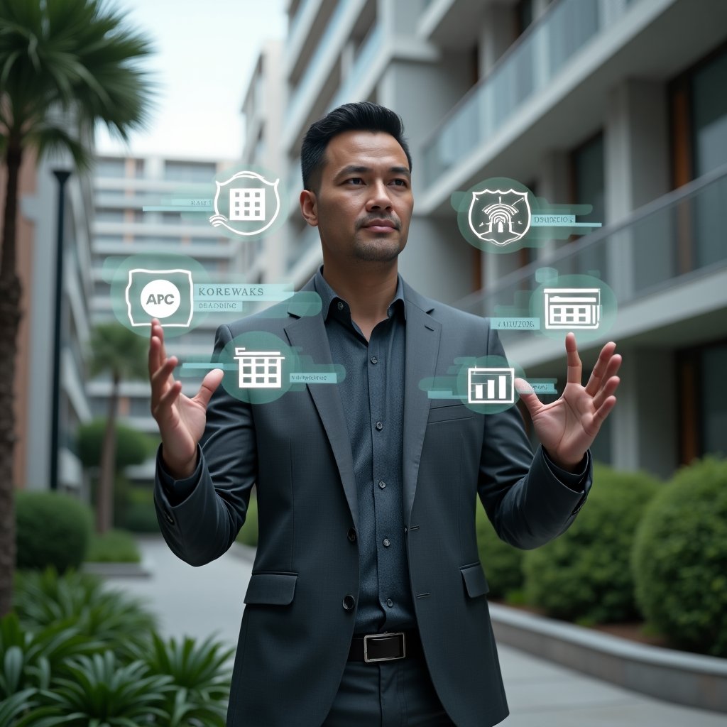 Ultra-realistic condominium manager in a charcoal gray suit, set in a modern luxury condominium environment with high-rise buildings and manicured green landscaping, confidently interacting with a holographic interface displaying icons for access control, financial reports, messaging and reservation calendars, cinematic lighting, shallow depth of field, highly detailed textures, realistic skin, photographic realism, 8k resolution --ar 1:1 --v 6