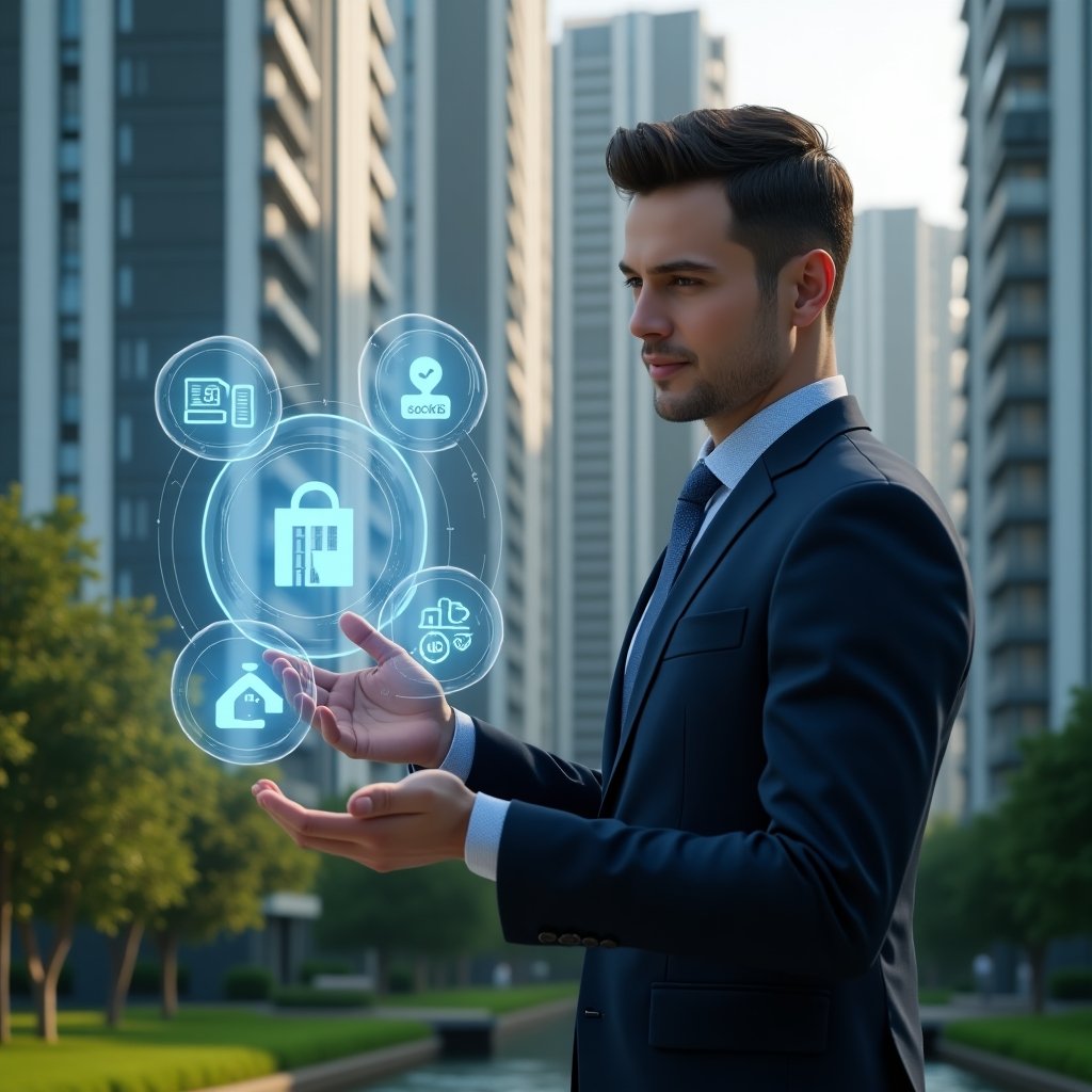 (Ultra-realistic condominium manager in a tailored dark blue suit, set in a modern luxury condominium environment with high-rise buildings and manicured green landscaping, confidently interacting with a floating holographic interface displaying icons for access control, reservations, billing, chat, maintenance and finance, cinematic lighting, shallow depth of field, highly detailed textures, realistic skin, photographic realism, 8k resolution --ar 1:1 --v 6)