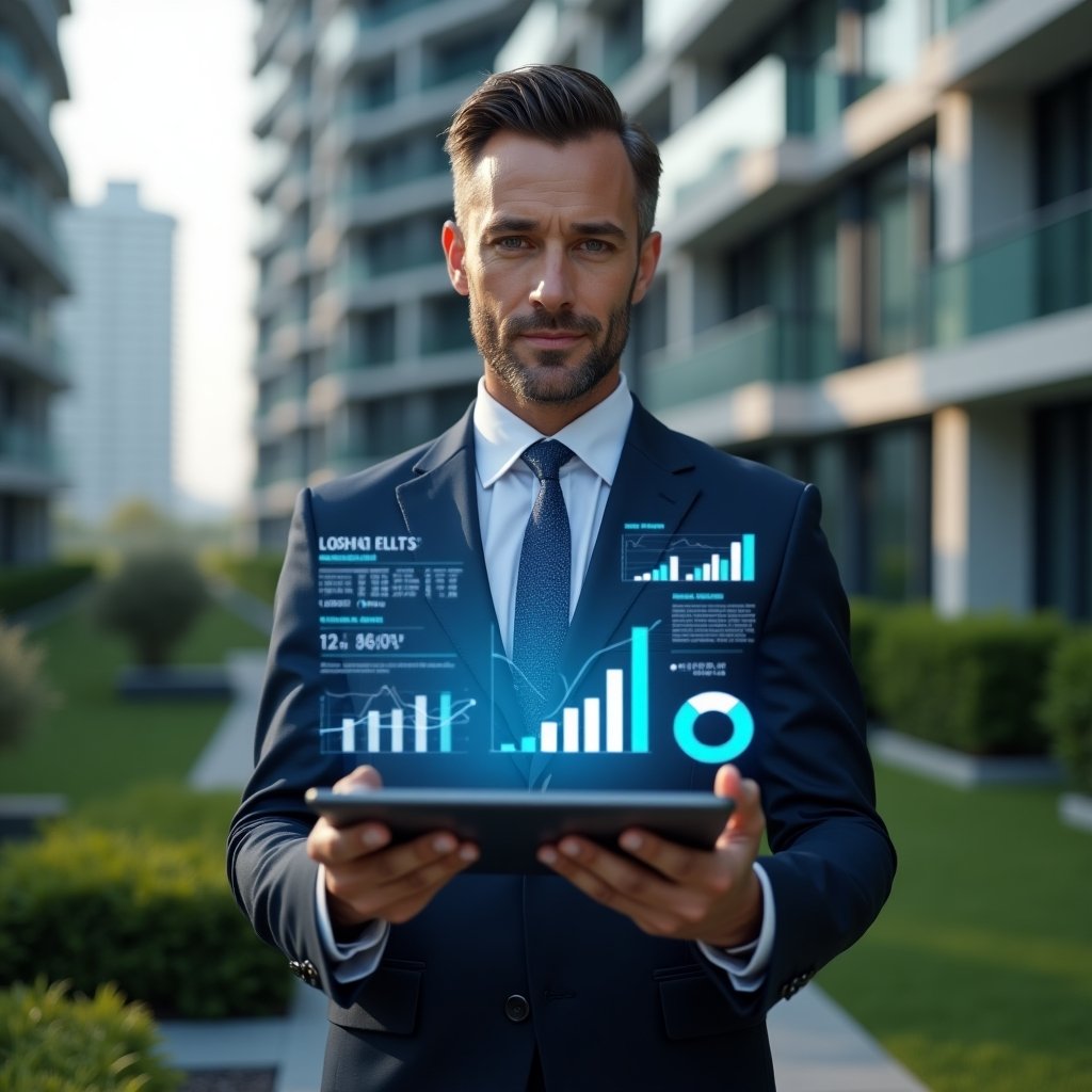 (Ultra-realistic condominium manager in a navy blue suit, set in a modern luxury condominium environment with high-rise buildings and manicured green landscaping, holding a tablet displaying floating holographic financial charts and operational indicators, confident and focused expression, bar graphs and pie charts holograms surrounding the device, cinematic lighting, shallow depth of field, highly detailed textures, realistic skin, photographic realism, 8k resolution --ar 1:1 --v 6)
