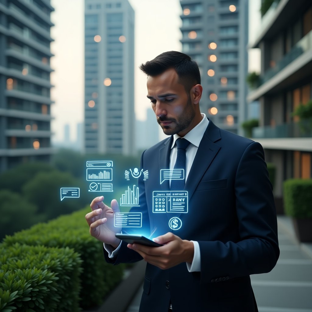 Ultra-realistic condominium manager in a tailored navy suit, set in a modern luxury condominium environment with high-rise buildings and lush green landscaping, holding a smartphone displaying holographic icons of financial charts, chat bubbles and reservation calendars, confidently analyzing digital data, futuristic app interface floating beside them, cinematic lighting, shallow depth of field, highly detailed textures, realistic skin, photographic realism, 8k resolution --ar 1:1 --v 6