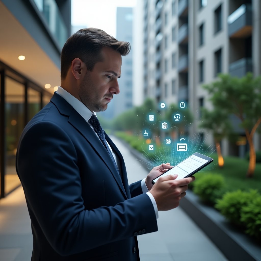 (Ultra-realistic condominium manager in a navy executive suit, set in a modern luxury condominium environment with high-rise buildings and manicured green landscaping, reviewing a holographic activity schedule planner with floating icons for maintenance, assemblies and inspections, focused and confident expression, cinematic lighting, shallow depth of field, highly detailed textures, realistic skin, photographic realism, 8k resolution --ar 1:1 --v 6)