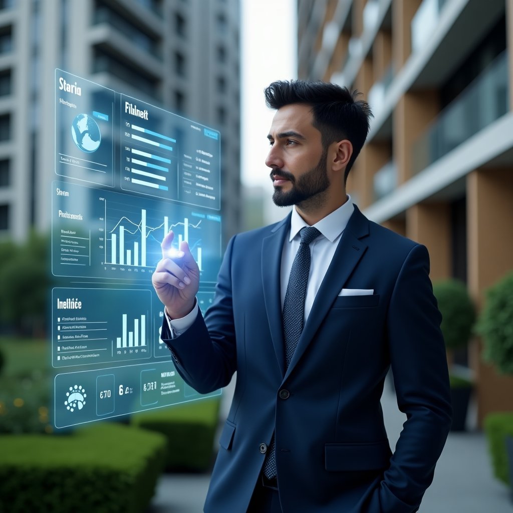 (Ultra-realistic condominium manager in a navy blue executive suit, set in a modern luxury condominium environment with high-rise buildings and lush green landscaping, interacting with a holographic dashboard displaying 12 key metrics as bar charts and line graphs, floating digital icons of pie charts and analytics, confident and focused expression, cinematic lighting, shallow depth of field, highly detailed textures, realistic skin, photographic realism, 8k resolution --ar 1:1 --v 6)
