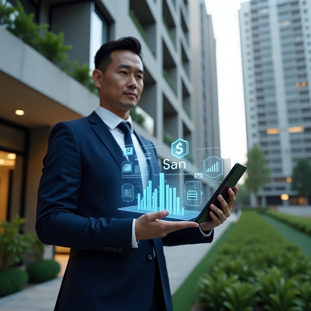 Ultra-realistic condominium manager in a navy suit, set in a modern luxury condominium environment with high-rise buildings and green landscaping, holding a tablet displaying holographic expense charts and money-saving icons, confidently presenting cost-optimization infographics hovering around, cinematic lighting, shallow depth of field, highly detailed textures, realistic skin, photographic realism, 8k resolution --ar 1:1 --v 6