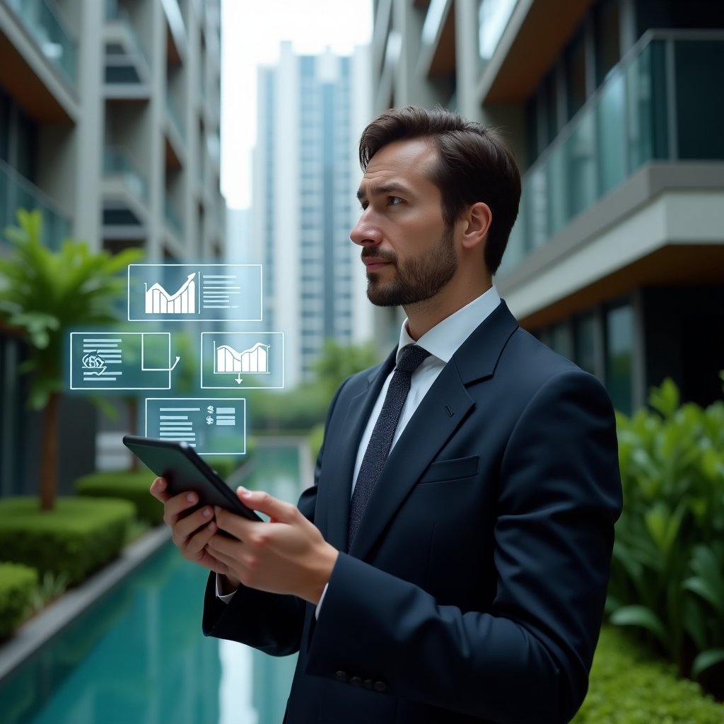 Ultra-realistic condo manager in an elegant dark suit, set in a modern luxury condominium environment with high-rise buildings and lush green landscaping, holding a tablet displaying floating holographic icons of financial charts, chat bubbles and maintenance schedules, thoughtful and confident expression, cinematic lighting, shallow depth of field, highly detailed textures, realistic skin, photographic realism, 8k resolution --ar 1:1 --v 6