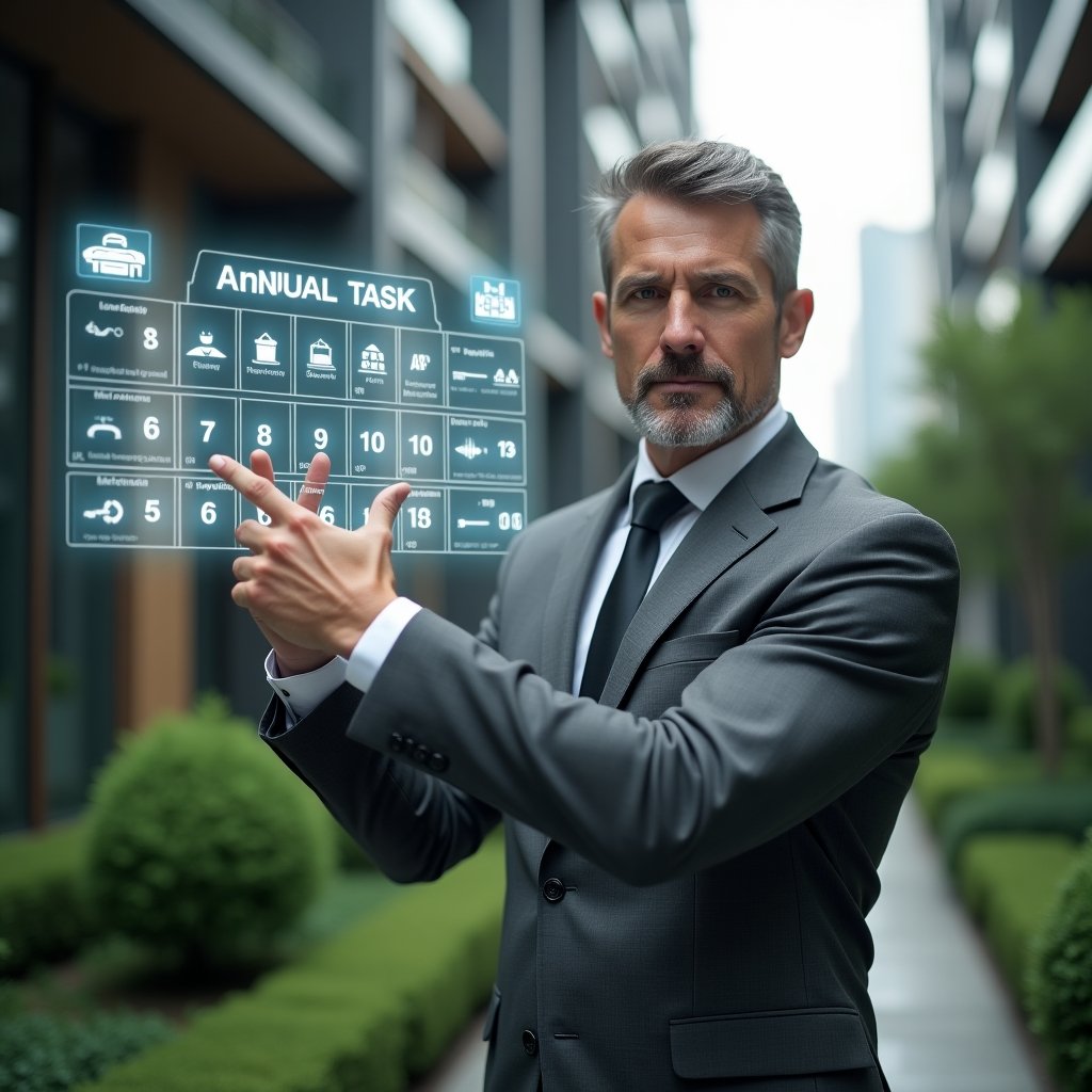 Ultra-realistic condominium manager in a tailored charcoal gray suit, set in a modern luxury condominium environment with high-rise buildings and lush green landscaping, mid-shot close-up, confidently pointing at a floating holographic annual task calendar, holographic icons of maintenance tools and schedules surrounding them, cinematic lighting, shallow depth of field, highly detailed textures, realistic skin, photographic realism, 8k resolution --ar 1:1 --v 6