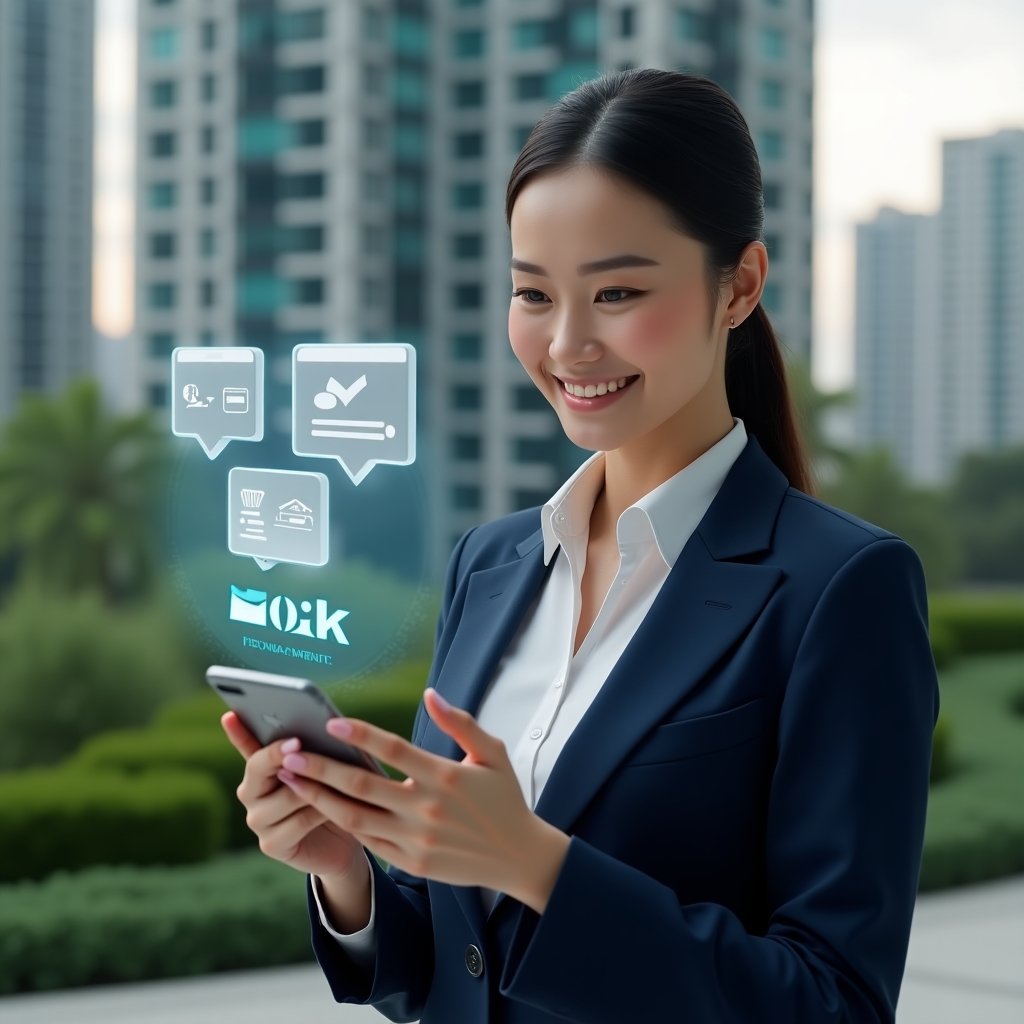 (Ultra-realistic condominium manager in a navy blue suit, set in a modern luxury condominium environment with high-rise buildings and green landscaping, holding a smartphone displaying a condo management app interface with floating icons for messages, reservations and payments, smiling confidently while tapping the screen, holographic chat bubble, calendar and credit card symbols hovering next to device, cinematic lighting, shallow depth of field, highly detailed textures, realistic skin, photographic realism, 8k resolution --ar 1:1 --v 6)